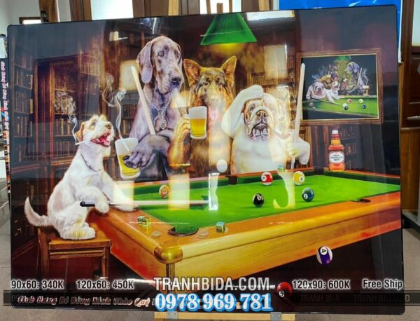 Tranh treo tường Tiệm BILLIARDS Chu De Thu Cung nghệ thuật hài hước và đáng yêu, kết hợp giữa chủ đề billiards và các loài chó tông màu ấm và sáng